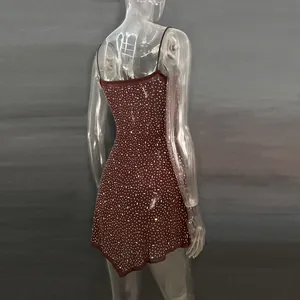 Detailed back view of a burgundy rhinestone sheer camisole mini dress for evening parties