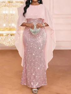 Elegant pink sequined evening gown featuring a sheer chiffon capelet and star patterns