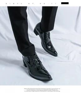 Close-up detail of black patent leather pointed-toe men's dress shoes with paisley texture
