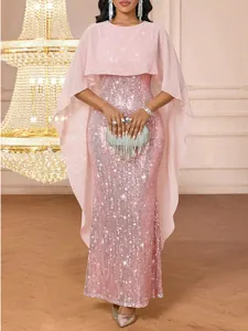 Elegant pink sequin evening gown with a chiffon cape, perfect for formal occasions.
