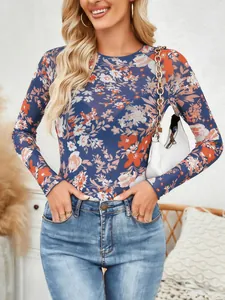 Elegant women's slim fit long sleeve floral mesh top with vibrant flower pattern