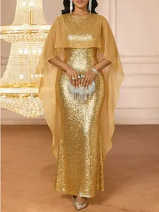 Women Elegant Sequin Evening Gown Sleeveless Slim Fit Lace Shawl Maxi Dress For Formal Banquet Wedding Party Special Occasion