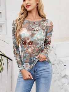Stylish women's sheer floral mesh long sleeve t-shirt with vintage botanical pattern