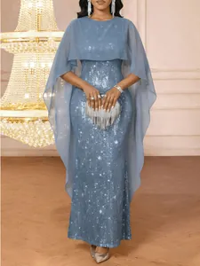 Elegant blue sequined sleeveless evening dress with a matching sheer shawl