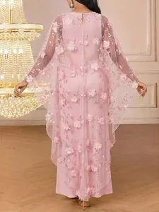 Elegant pink lace cape evening dress with 3D floral appliqués and sequins for formal wear