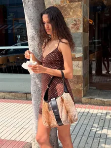 Sexy brown polka dot sleeveless camisole dress for women with waist-slimming fit