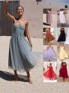 Women Sexy Spaghetti Strap Corset Mesh Midi Dress Layered Tulle Summer Vacation Party Dress Solid Color Bodycon A-Line Robe