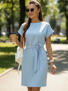 Women French Minimalist Short Sleeve Midi Dress Solid Color Slim Fit Wrap Hip Waist Tie Commuter Vacation Elegant Polyester Dress