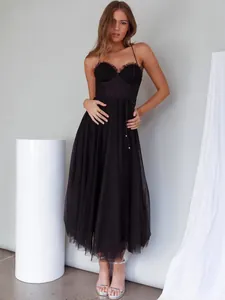 Elegant black camisole midi dress with mesh skirt and corset top for summer vacation