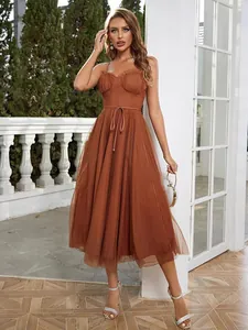 Chic elegant brown spaghetti strap midi dress with tulle skirt for summer vacation