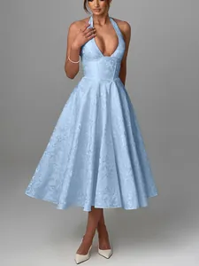Light blue jacquard halter neck evening dress with deep V-neck and backless design.