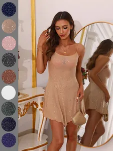 Women Sexy Rhinestone Semi-Transparent Camisole Mini Dress Elegant Mesh Spaghetti Strap Party Club Night Bodycon Short Dress