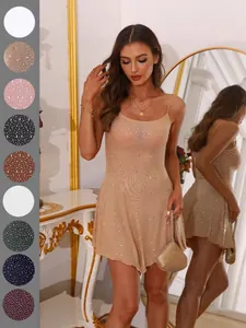 Sparkling rhinestone semi-sheer camisole mini dress for party wear with color variants