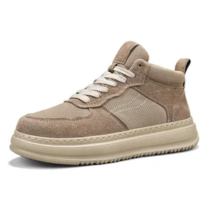Stylish men's breathable khaki mesh and suede high-top casual sneakers with thick soles