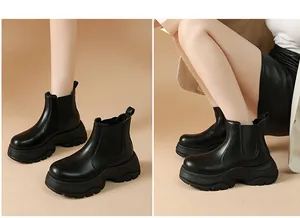 Detailed close-up of black thick-soled Chelsea boots with chunky platform for women