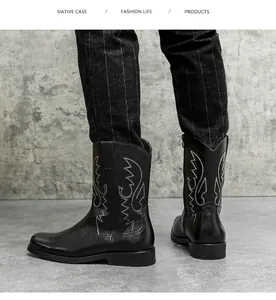 Detailed macro view of vintage men's western cowboy boots featuring white embroidery