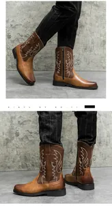 Detailed view of brown retro leather cowboy boots with white embroidery for men