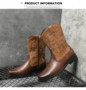 Detailed view of men's vintage brown cowboy boots featuring white flame embroidery and side zipper