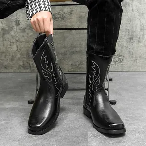 Men's retro black cowboy boots with white embroidery and side zipper closure