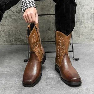 Stylish men's retro brown leather cowboy boots featuring white embroidery and square toe