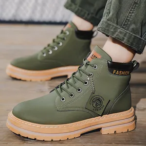 Classic olive green men's high-top Martin boots featuring thick anti-slip rubber soles