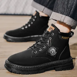 Men's black British style Martin boots with thick anti-slip sole for outdoor hiking