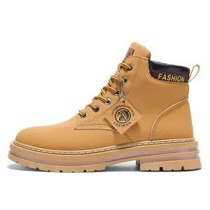 Men's classic yellow outdoor hiking boots with durable lug sole and fashion tag