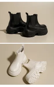 Detailed view of women's thick platform Chelsea boots in black and off-white colors