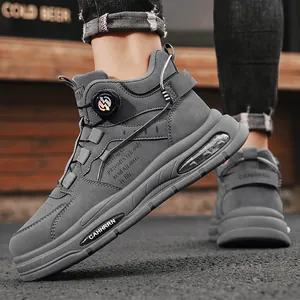 Stylish men's high-top work boots with rotary buckle closure and thick air-cushioned sole