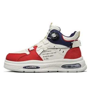 Men's high-top outdoor boots with rotary button no-tie lacing system in red and white