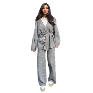 Elegant grey knit set with V-neck belted sweater and loose wide-leg trousers