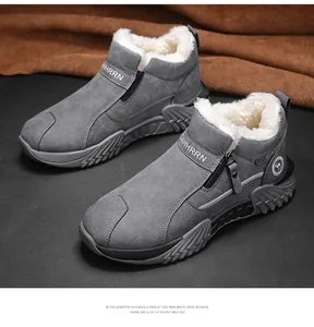 Graue Herren-Schneestiefel mit warmem weißem Fellfutter und seitlichem Reißverschluss.