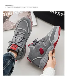 Eleganti sneakers alte grigie da uomo con accenti rossi e suola spessa e resistente.