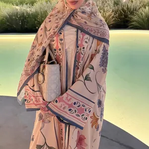 Elegant floral print modest long robe with matching headscarf for autumn fashion