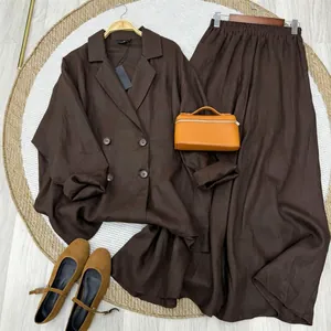 Conjunto de Camisa y Falda de Lino Casual para Mujer Top de Manga Larga Cruzado y Falda Larga en A de Talle Alto