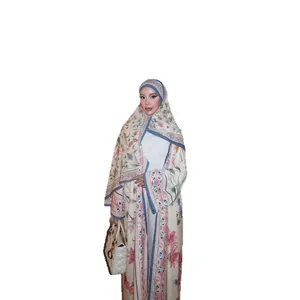 Elegant floral print long-sleeved open front cardigan with matching hijab for women