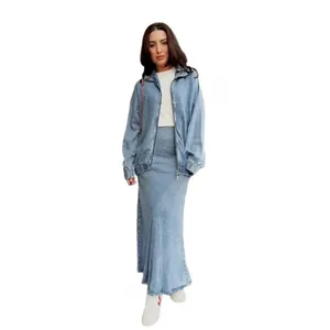 Stylish women's denim two-piece set including a zip-up jacket and fishtail maxi skirt.