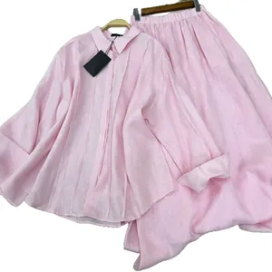 Elegant pink long-sleeved shirt and maxi skirt two-piece set in breathable linen fabric