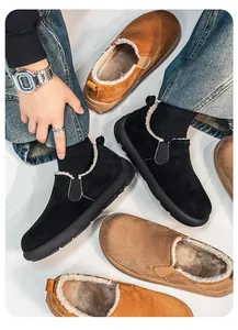 Close-up view of warm winter fleece-lined slip-on snow boots for men in multiple colors