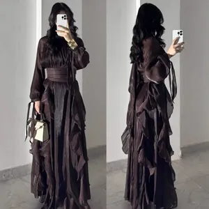Detailed views showing the front and back of a dark brown pleated ruffle satin maxi dress