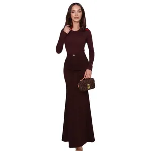 Elegant high-waist retro casual maxi skirt and long sleeve top set in burgundy