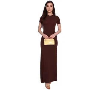Elegant brown crew neck short sleeve bodycon maxi dress for women in minimalist style