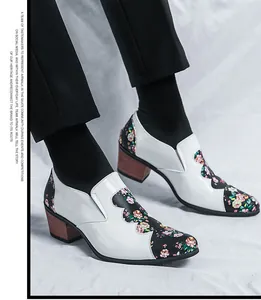 Stylish floral pointed toe leather shoes for men with glossy white finish