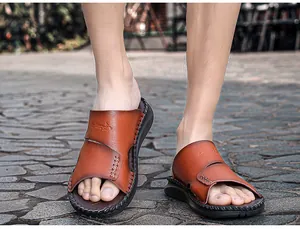 Sandales de plage en cuir marron pour hommes avec semelle souple, été décontracté.
