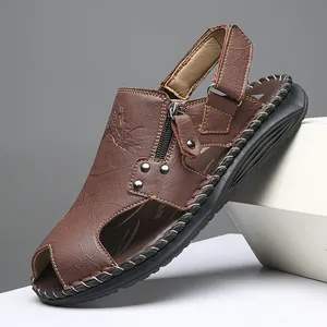 Sandalias de cuero para hombre cosidas a mano para verano con puntera cerrada
