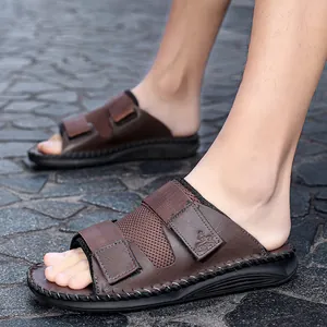 Men Casual Slides Sandals Microfiber Leather Breathable Mesh Summer Beach Shoes Non-slip Rubber Sole Adjustable Velcro Footwear