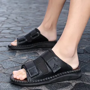 Men's casual black velcro slippers with breathable mesh for summer beach wear