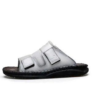 Breathable white men's casual sandals with adjustable magic tape straps and black sole