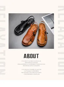 Sandali in pelle da uomo fatti a mano in nero e marrone con layout di marketing vintage.