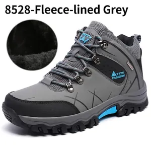 Men's waterproof fleece-lined high-top hiking boots in grey with thick non-slip outdoor sole